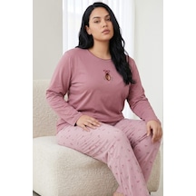Siyah İnci Pamuklu Likralı Büyük Beden Battal Boy Örme Pijama Takım26240911 Pudra