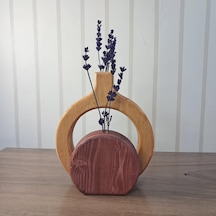 El Yapımı Ahşap Vazo Seti, Doğal Çam Ve Kırmızı Renkli, 18cm Halka Ve 12cm Yuvarlak, 2 Parça, Çiçek Aranjman Çok Renkli