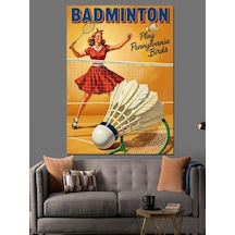 Ahşap Tablo Badminton Oynayan Kadın Çizimli Afiş