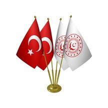 Masa Üstü Aile ve Sosyal Hizmetler Bakanlığı Bayrağı Türk Bayrağı Dörtlü Pirinç Direk Masa Bayrak Seti