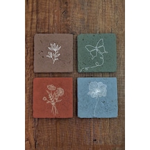 Doğal Taş Bardak Altlığı 4'lü Set - Renkli Çiçek Desenleri - Stone Coasters Çok Renkli