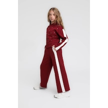 Magu Kız Çocuk Pamuklu Bordo Taş Detaylı Eşofman Takım - Kapüşonlu Sweatshirt Yan Şeritli Pantolon 2'li Set Kırmızı