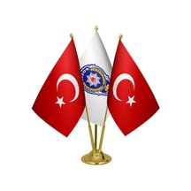 Masa Üstü Polis Logosu Bayrağı Türk Bayrağı Üçlü Pirinç Direk Mas
