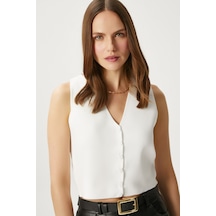 Ritnice Kadın Petite Çıtçıtlı Crop Krem Triko Yelek Krem