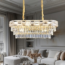 Dolares Sıralı 40 Watt Dikdörtgen Gold Kristal Taşlı Yemek Masası Üstü, Salon Avize Altın