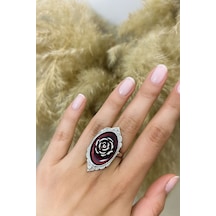 Kırmızı Gül Figürlü Siyah Tablo Yüzük Tutkunun Ve Zarafetin Gotik Yorumu Gümüş - Gri