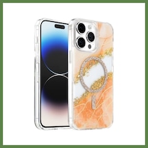 Bezos Onegif İphone 15 Pro Max Uyumlu Lotus Simli Magsafe Kapak - Turuncu Hb006