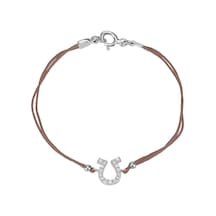 Zirkon Taşlı Pırlanta Montür Gümüş Rengi Kaplama Kahverengi İpli At Nalı Bileklik Gümüş - Rose Gold