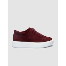 %100 Hakiki Deri Bordo Süet Kürklü Kadın Sneaker Bordo