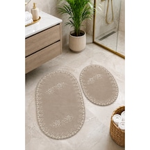 Vizon 2li Fransız Dantelli Lüks Banyo Paspası Kaymaz Çeyizlik Oval Banyo Paspas Seti Lauris Gümüş