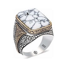 ​Gümüş Desenli Beyaz Havlit Taşlı Kare Erkek Yüzük - 556659512