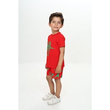 Toontoy Kids Toontoy Erkek Çocuk 2'li Takım Baskılı Bisiklet Yaka Tişört & Beli Lastikli Şort Kırmızı