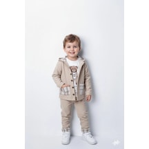 Bontino Erkek Çocuk %100 Pamuk Kadife Hırka, Pantolon Ve Ayıcık Baskılı Sweatli 3'lü Premium Seri Kum