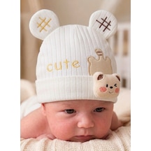 Kayra Baby Erkek Bebek Cute Ayıcık Figürlü Penye Şapka 0-9 Ay Beyaz