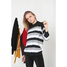 Nnstartshopping Unisex Kalın Çizgili Bisiklet Yaka Triko Kazak - Gri Gri