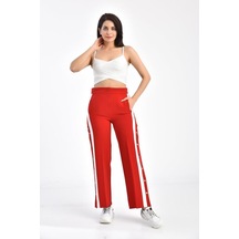 Beyaz Şeritli Ve Çıtçıtlı Kırmızı Salaş Kadın Pantolon 001