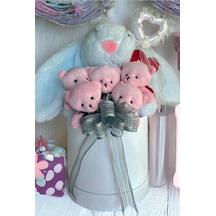 Sole Premium Özel Hediye Kutusunda 45 Cm Mavi Bunny Tavşan Ve 5 Adet Pembe Peluş Ayıcık Buketi