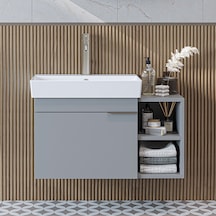 Likya Tek Kapaklı Açık Raflı Lavabolu 82 Cm Banyo Dolabı Alt, Lavabolu Alt Banyo Dolabı Kül Gri