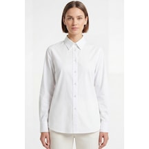 Goffra Kadın Pure 50/1 Kompakt Pamuk Likralı Gömlek - Pürüzsüz Doku Minimalist Klasik Kesim- Beyaz W205-k0304-01