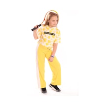 Toontoy Kids Toontoy Kız Çocuk 2'li Takım Baskılı Kısa Kollu Kapüşonlu Sweatshirt & Beli Lastikli Yanı Bantlı Bol Paça Eşofman Altı - 30/1 Penye Sarı