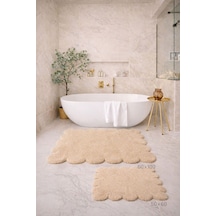 Buççin Online Mağaza Dekoratif Kaymaz Taban Papatya Kesimli Banyo Paspası, Klozet Takımı, 60x100-50x60 Cm Polyester Bej Çok Renkli