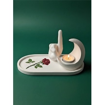 Gül Desenli İslami Ev Hediyesi Dekoratif Tevhid Eli Biblo Ve Hilal Mumluk Seti Tepsi 23cm & Objeler 12/10cm Tealight Mum Hediyeli
