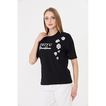 Sortie Collection Feıyu Peacefulness Gül Baskılı Rahat Kalıp Basic Tişört Siyah