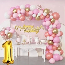 55 Adet Adet Balon Lüks Pembe Rose Gold 1 Yaş Balon Seti
