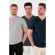 Buratti Pamuklu Düğme Detaylı Slim Fit V Yaka 3'Lü Paket Erkek T Shirt 5902122S3 Antrasit-Indigo-Gri Melanj