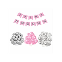 Metalik Pembe-şeffaf-gümüş Balon+banner Seti