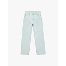 Koton Uzun Düz Paça Normal Bel Cepli Düğmeli Taşlı Denim Pantolon - Longer Straight Fit Jean Bleach 6sal40011md Açık Mavi