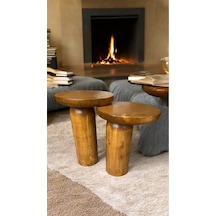 Wood Ahşap 2 Li Set Mantar Tik Ağacı Renk Yan Sehpa Modern Fiskos / Çiçeklik / Zigon Kahverengi