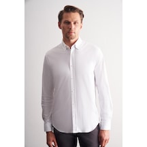 İmza Beyaz Düğmeli Yaka Örme Uzun Kol Performans Ürün Slim Fit %100 Pamuk Gömlek 1004255271 Beyaz