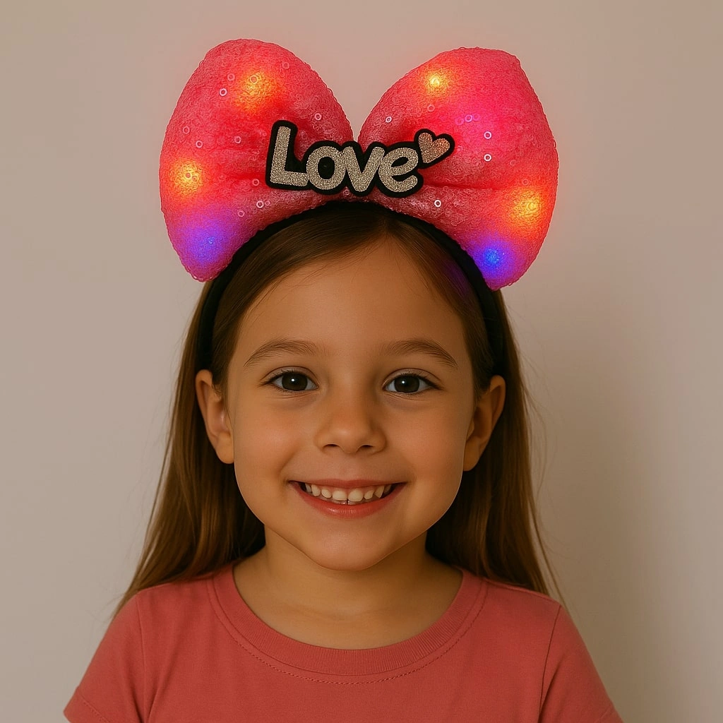Led Işıklı Love Yazılı Fuşya Fiyonk Taç Kız Çocuk Parti Tacı Renkli