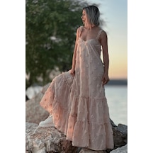 Fashion Cocktail Fırfır Askılı Kumaş Çiçekli Astarlı Maxi Yazlık Bohem Sahil Tatil Elbise Camel Camel
