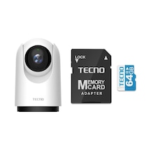 Tecno Th300 3mp 2k Ultra Hd 360 Kablosuz Wifi Güvenlik Kamerası + Tecno 64gb 100mb/s Micro Sd Hafıza Kartı Ve Adaptörü