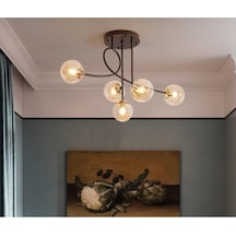 Jade Lüks Modern Salon - Mutfak - Yatak Odası Siyah Renk Gövde Bal Camlı 5 Li Avize Diğer