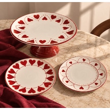 3 Parça El Boyaması Seramik Pasta Seti Pasta Standı Ve 2 Pasta Tabağı Kırmızı