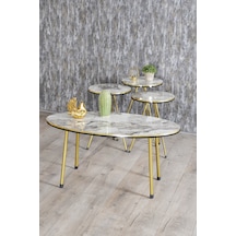 Zigon Sehpa Ve Orta Sehpa Elips Set Çift Gold Metal Beyaz Mermer Desen