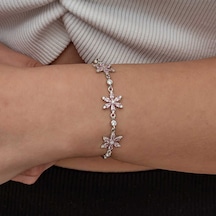 Gümüş Pembe Lotus Çiçeği Kadın Bileklik Çok Renkli