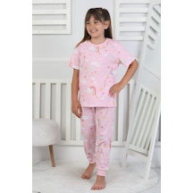 %100 Pamuk Gökkuşağı Desenli Kısa Kollu Manşetli Paça Kız Çocuk Pijama Takımı 3-8 Yaş Pembe