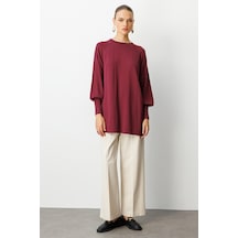Mizalle Premium Rayon Balon Kol Mürdüm Triko Kazak Mürdüm