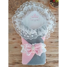 Yenidoğan Teri Cotton Taç Nakışlı Prizma Taş Kundak Bebek Battaniyesi Pembe Pembe