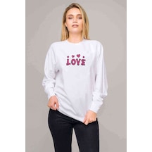 Love Pembe Yazı Baskılı Beyaz Kadın Sweatshirt