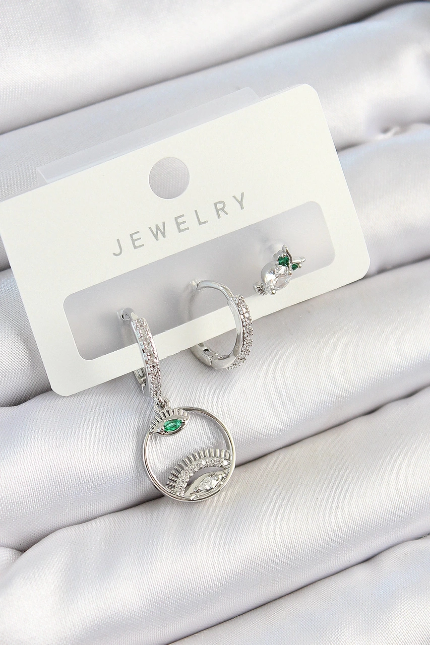 Dodes Dodes Pirinç Zirkon Taşlı Göz Ve Baykuş Model Gümüş Renk 3'lü Çift Kadın Küpe Set Tg27bkp10795 Çok Renkli