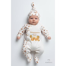 Babyden's Babaannesinin Balı Yazılı Yenidoğan Bebek Tulum Şapka Set Arı Desenli Çıtçıtlı Unisex Tulum Ekru - Çok Renkli