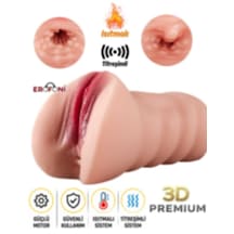 Erofoni Büyük Boy 17.4 Cm Titreşimli Isıtmalı Süper Realistik 2 İşlevli Yapay Suni Vajina Anüs Mastürbatör