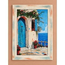 Ahşap Eskitme Yağlı Boya Desenli Sahil Evi Deniz Manzaralı Dekoratif Ahşap Tablo 52x72 Cm