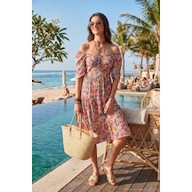 Lela Desenli Oversize Fit Carmen Yaka Büzgü Detaylı Midi Boy Bayan Elbise 67810557 Fuşya