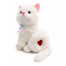 Sevimli Peluş Kedi 35 Cm Yumuşak Oyuncak 40 Cm Kuyruk Dahil Uzunluk, Kalp Detaylı Beyaz